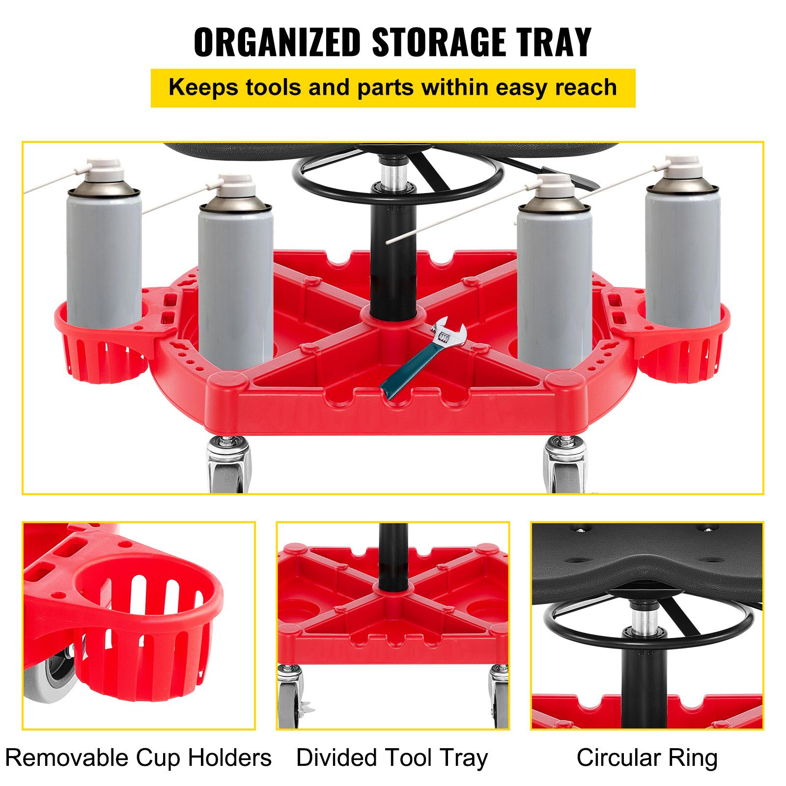 Rolling Garage Stool, 300LBS Capacity, Adjustable Height from 18 in to 23 in, 360-degree Swivel Wheels (4/"), Large Tool Tray with Two Bottle Holder, for โ image 4