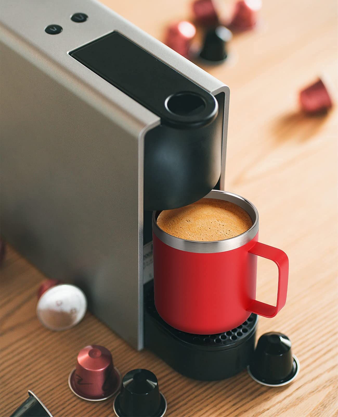 12 oz Insulated Stainless Steel Coffee Mug, Vacuum Insulated Double Wall Travel Cup with Lid and Handle, Red — image 4