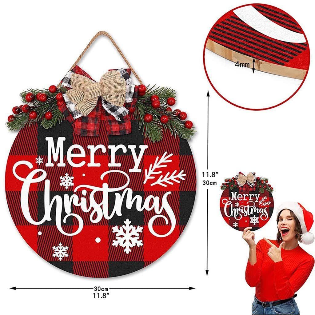 Christmas Wreath Buffalo Plaid Xmas Decorations Merry Christmas Sign for Door Porch Wall Window Outside Decorations Holiday — image 5