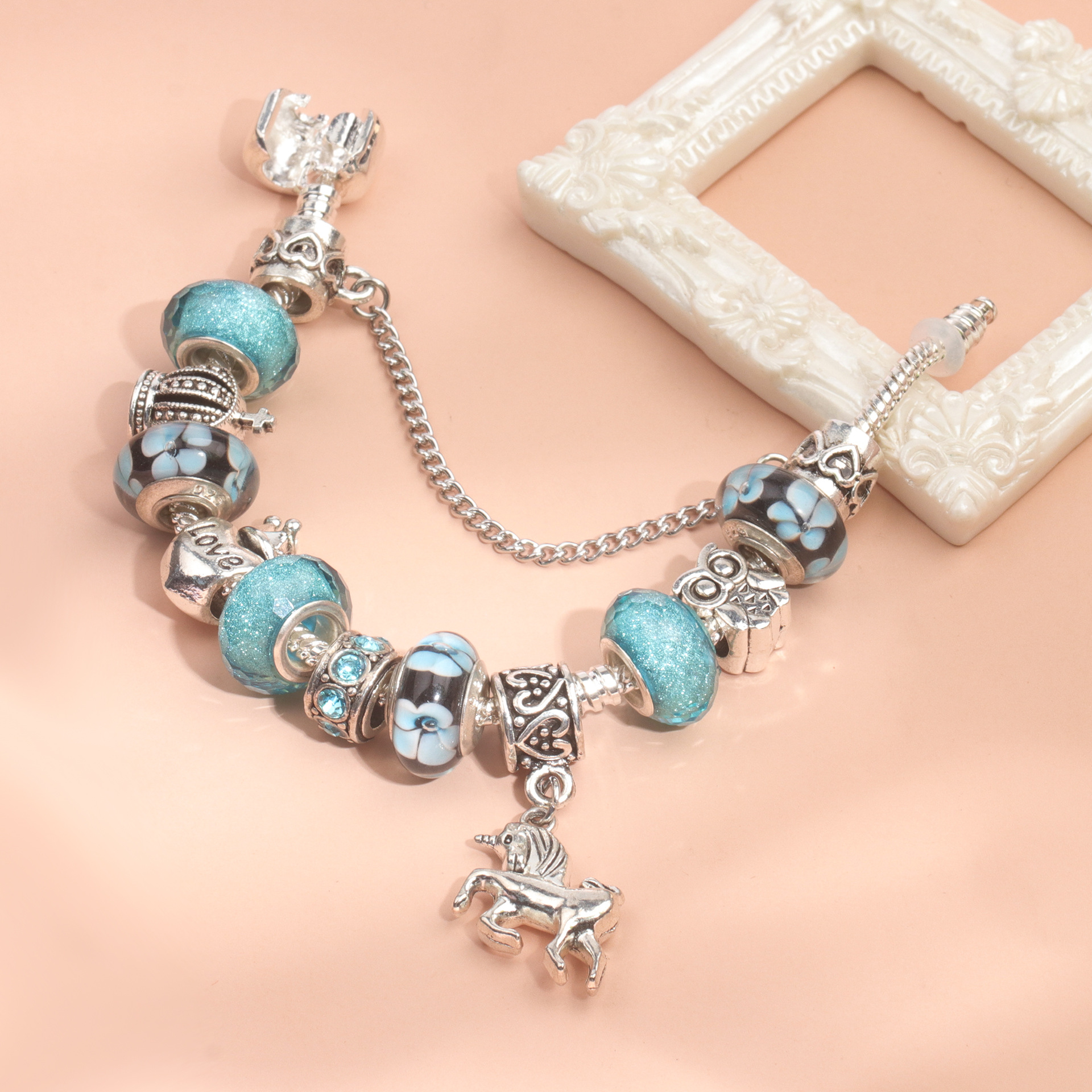 Vintage Water Glass Rhinestone Heart Crown Beaded Unicorn Pendant DIY Bracelet(19cm) โ image 6