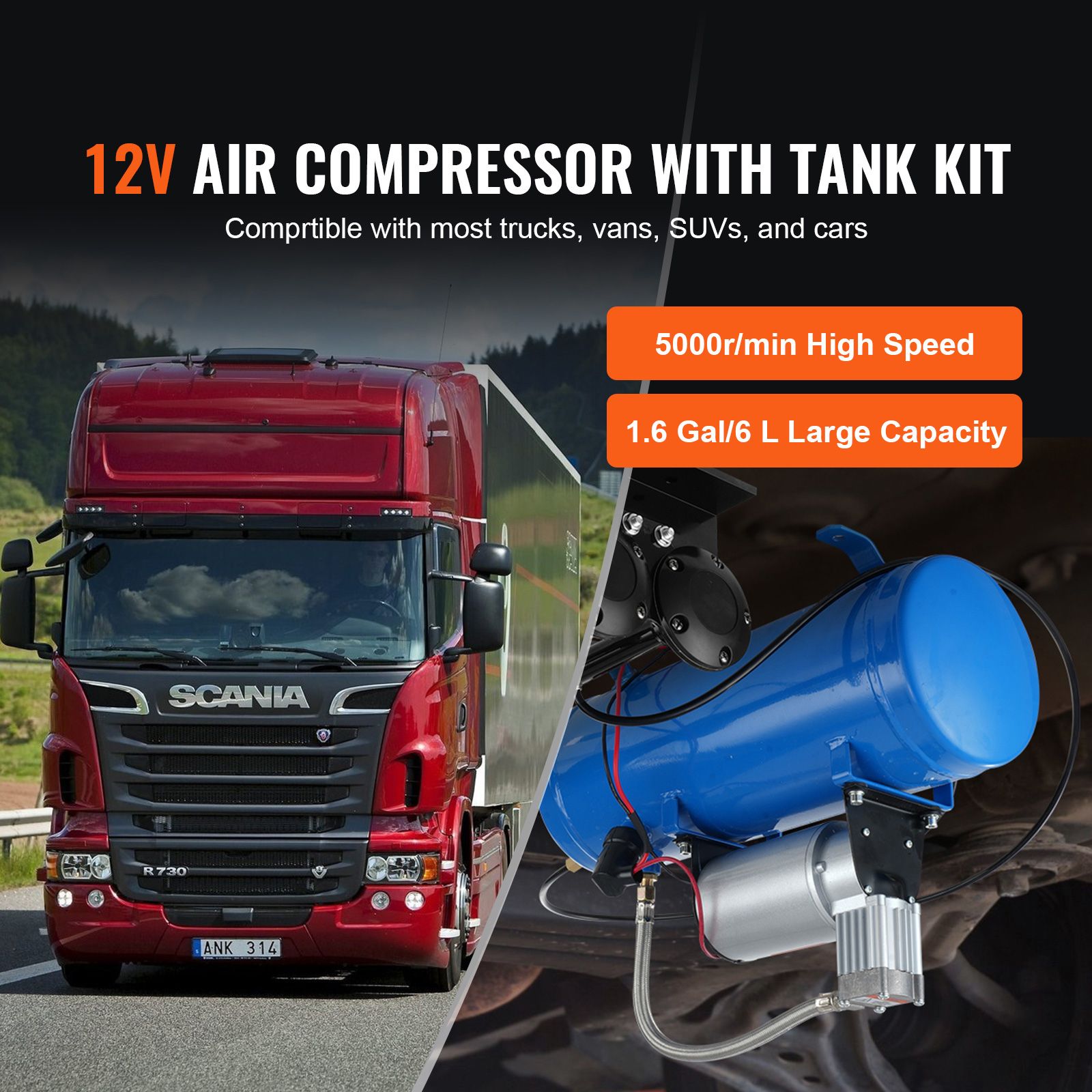12V Air Compressor with Tank 1.6 Gallon/6 L, Train Horn Air Compressor, 120 psi Working Pressure Onboard Air Compressor System for Train Air Horns, Inflating — image 2