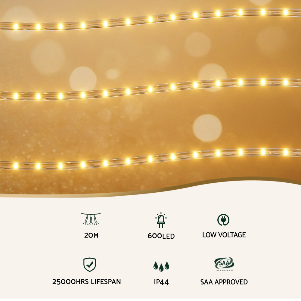 Jingle Jollys 20M Christmas Lights String Rope Light Decorations 600 LED Warm — image 3