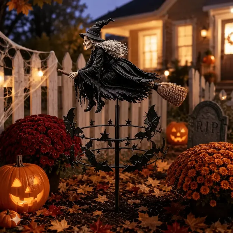 π§βοΈ Halloween Flying Witch Broomstick Windmill Lawn Stake, featuring a double-layer bat spinning design. The ultimate yard decoration β magic comes alive with β image 3
