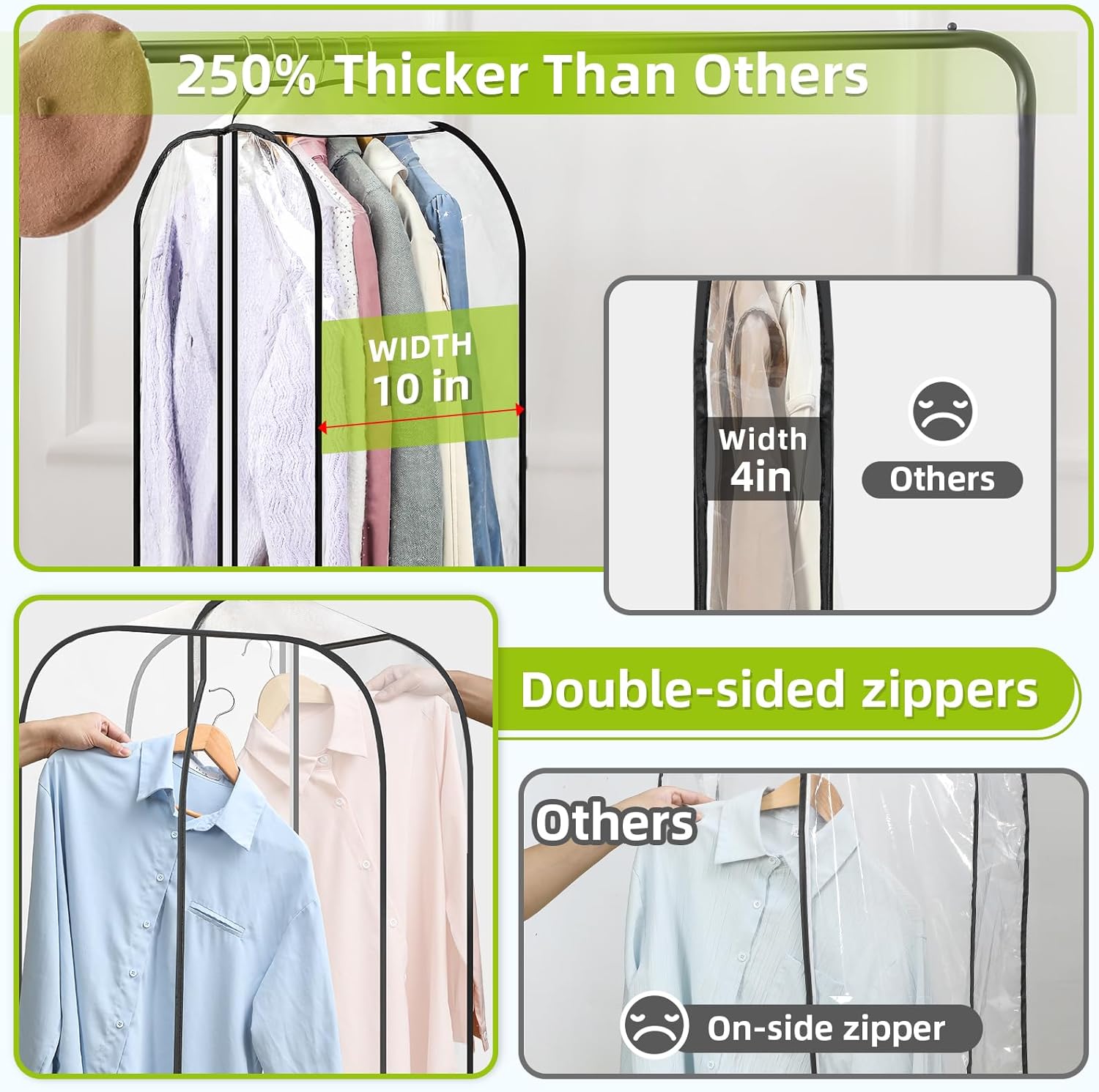 LANDNEOO 2 Pack Clear Garment Bags for Hanging Clothes with Zippers on Double Sides - 10'' Clothes Storage for Coat, Dress, and Fur in Closet - 40'' Long Suit — image 3