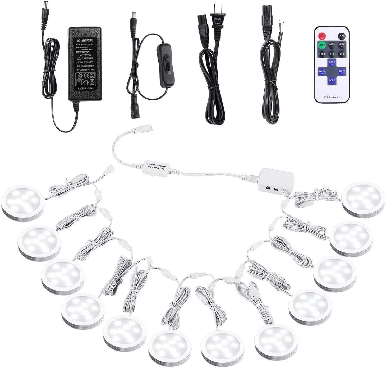 Linkable Under Cabinet LED Lighting 12V Dimmable Puck Lights with Wireless RF Remote Control, Hardwired & Wall Plug in for Kitchen Mood Lighting