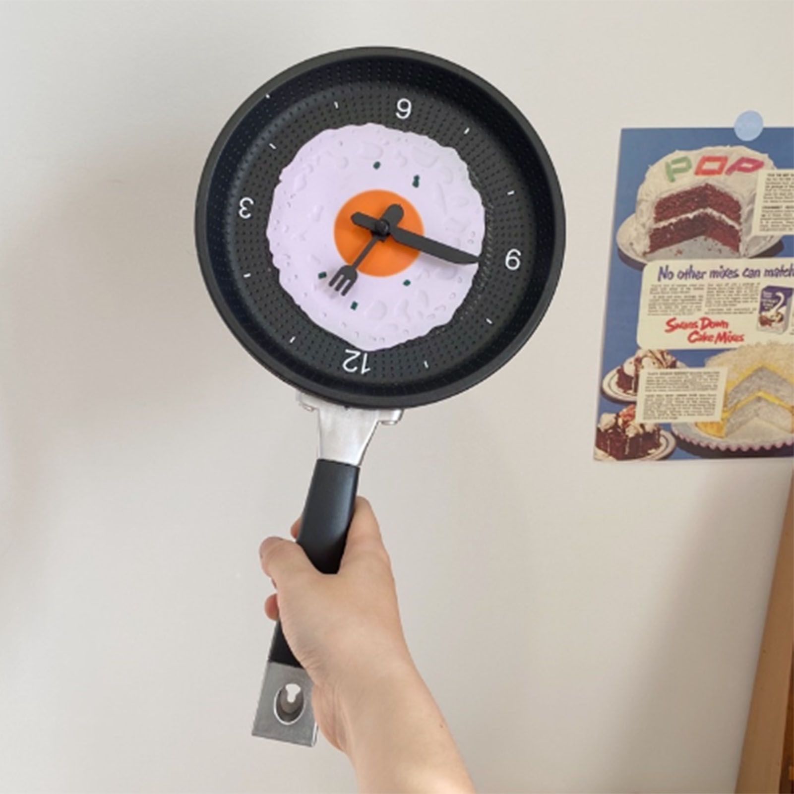 Wall Clock ABS Fried Egg Frying Pan Shape Silent Battery Operated Wall Clock for Bedroom Living Room Kitchen Pink โ image 6