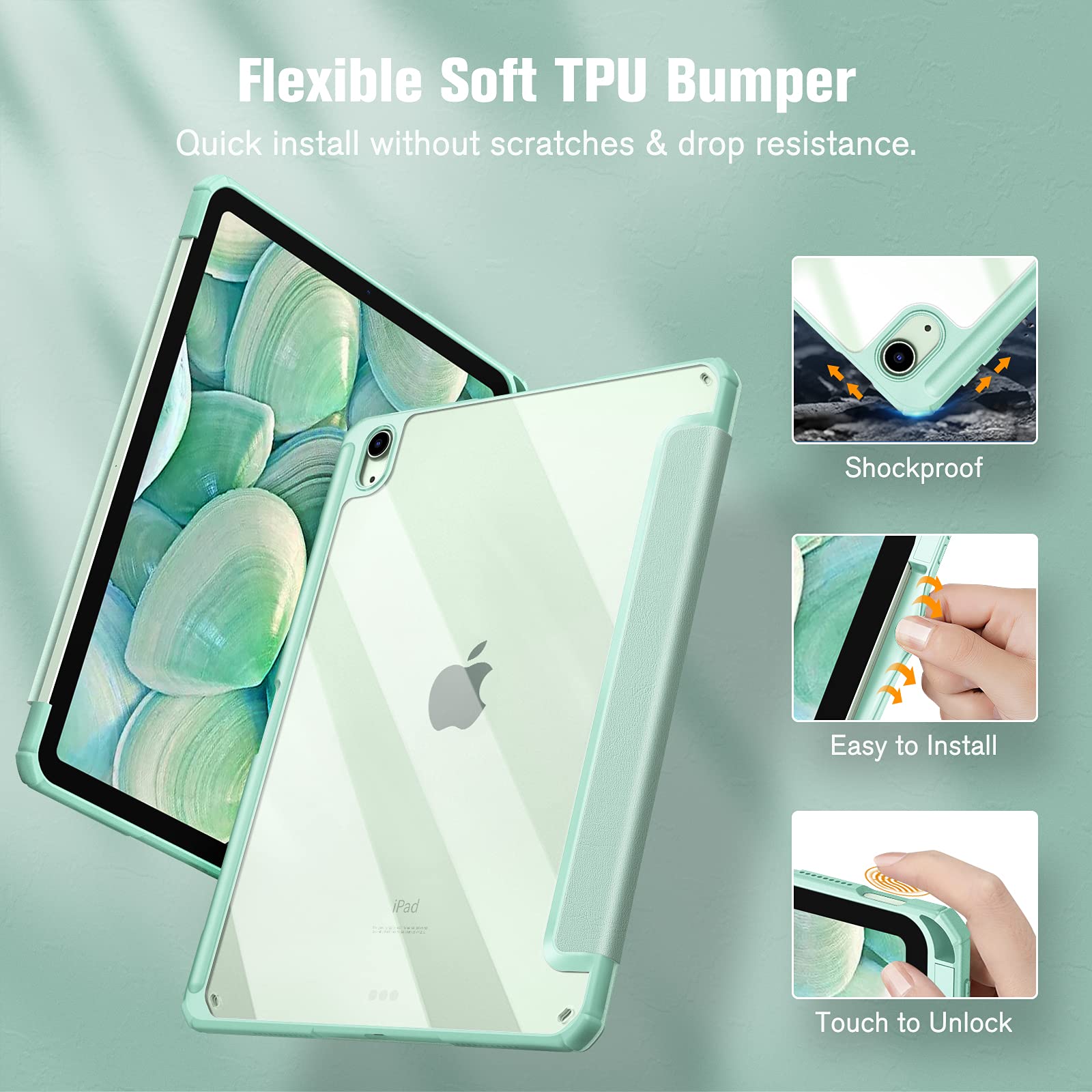 iPad 10th Case 10.9 Inch 2022 with Pencil Holder, Smart iPad Clear Case with Soft TPU Auto Wake Sleep Green โ image 6