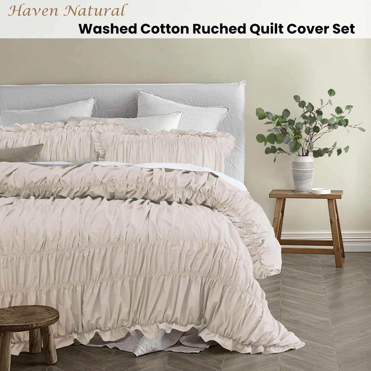 Vintage Design Homewares Haven Natural Washed Cotton Ruched Quilt Cover Set Double โ image 2