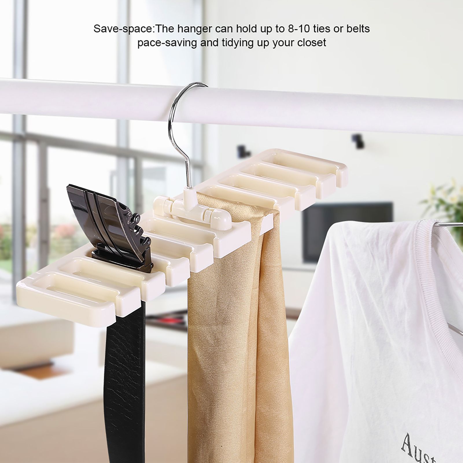 10 Slot Tie Belt Scarf Rack Organizer Sturdy Plastic Closet Wardrobe Space Saver Beige — image 2