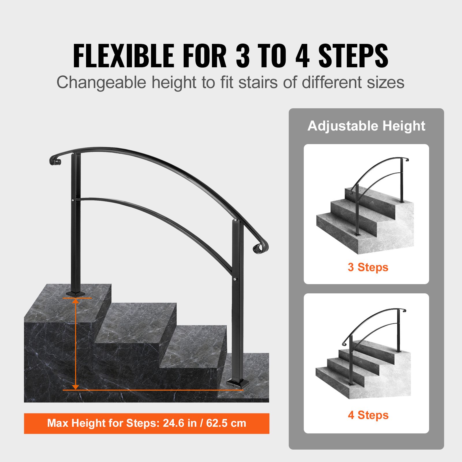 4-Step Handrail Fits 1 or 4 Steps Matte Black Stair Rail Wrought Iron Handrail with Installation Kit Hand Rails for Outdoor Steps — image 4