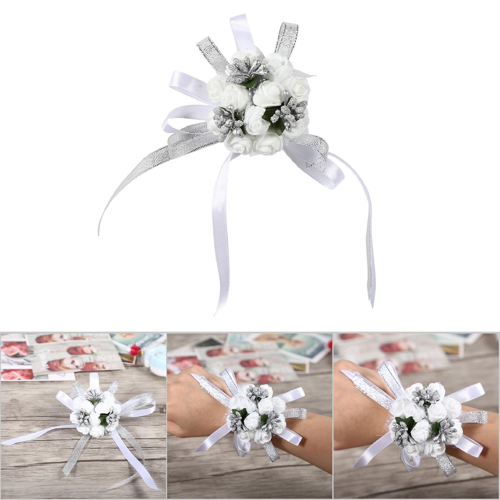 Beautiful Hand Ribbon Flower Bridal Bridesmaid Wrist Corsage Prom Wedding Decorations (Silver) โ image 5