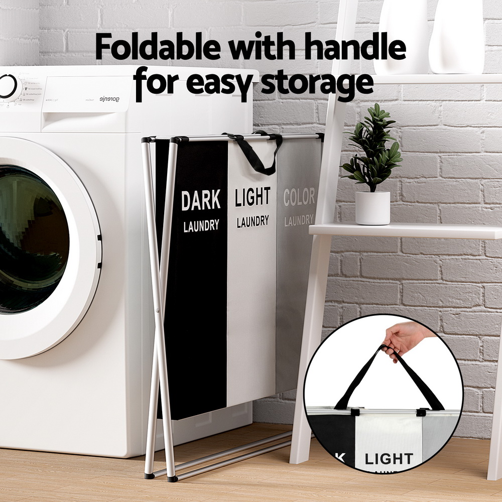 Artiss Laundry Basket Hamper Large Foldable Washing Clothes Storage 3 Sections — image 5