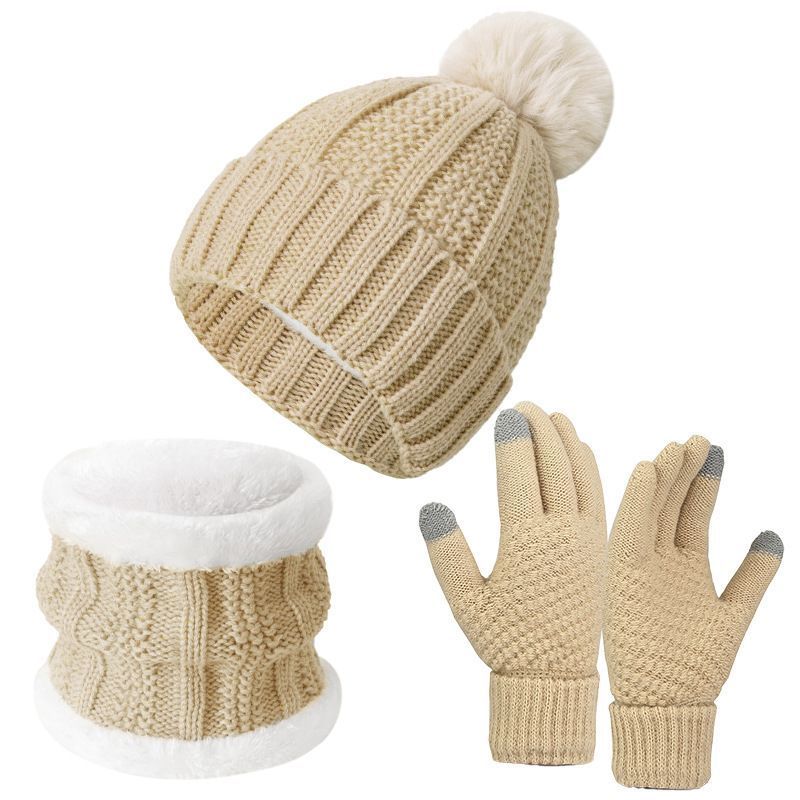 Warm Holiday Ski Essential Plush Lined Knitted Hat 3 Set Beige, Versatile Matching Wear For Ski Adventures — image 2