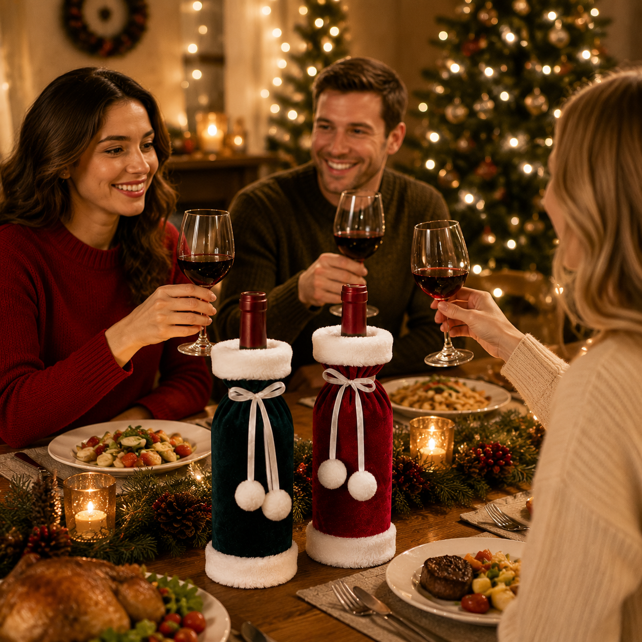 2 Pack (Red+Green) Christmas Velvet Wine Bottle Covers with Faux Fur Trim Reusable Wine Bottle Gift Bags for Holiday Table Decor and Christmas Party โ image 2