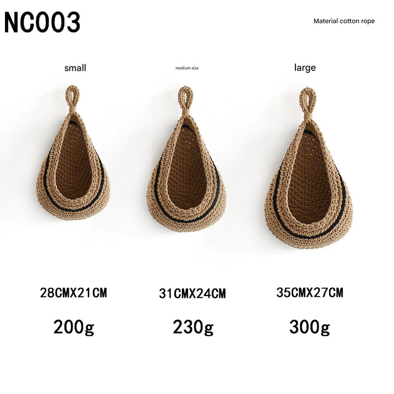 Khaki 3-Piece Wall-Mounted Cotton Rope Storage Baskets – Large, Medium, and Small Hand-Woven Fruit/Vegetable/Storage Nets (Large weight 300g, Medium weight