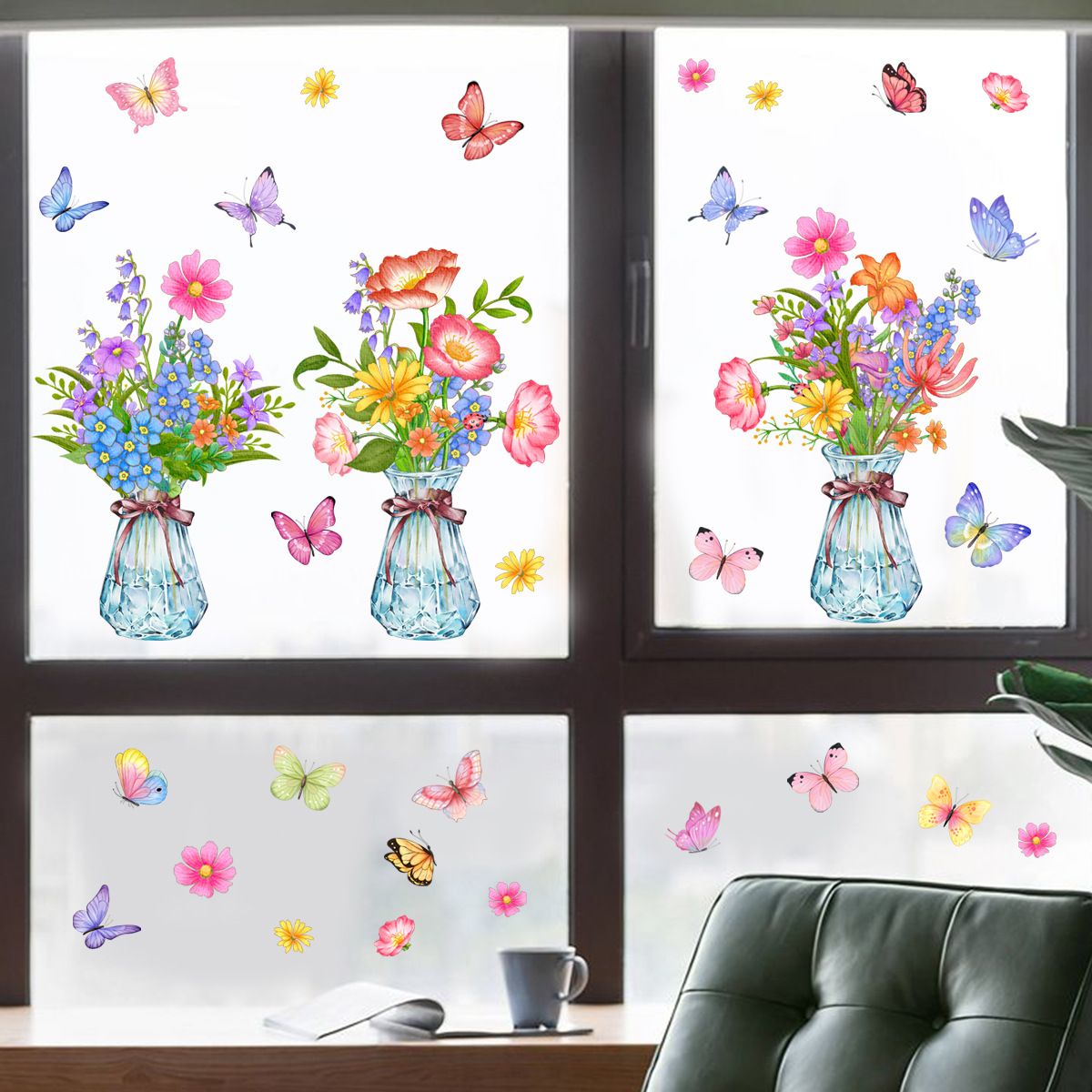 Flower Window Clings Floral Vase Butterfly Wall Decals Double-Side Glass Sticker for Living Room Girls Bedroom Kids Home Decor โ image 5