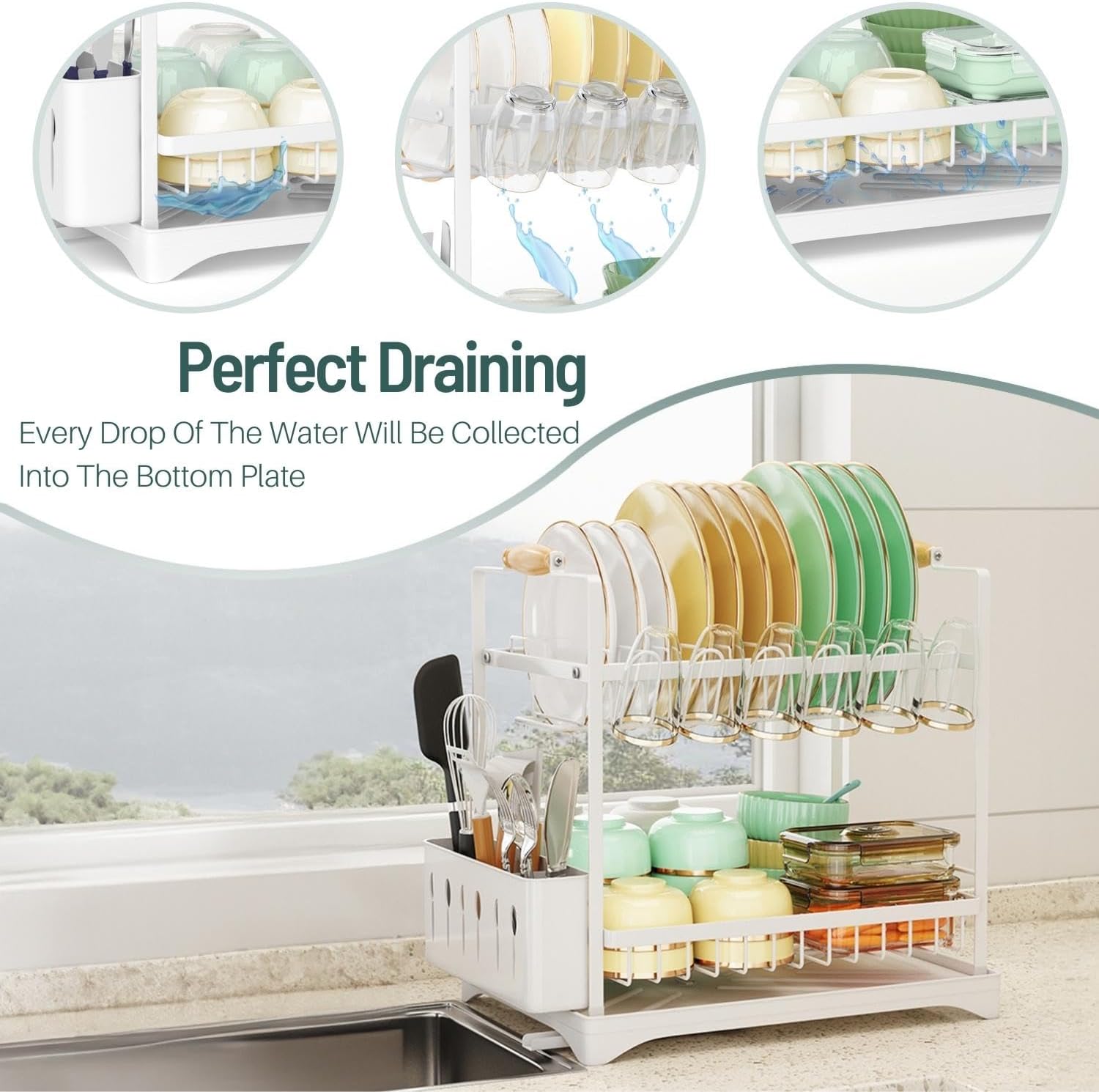 CARLA HOME 2-Tier Large Dish Drying Rack with Drainboard, Utensil Holder, Glass Hooks & Cutlery Storage (Black) — image 5