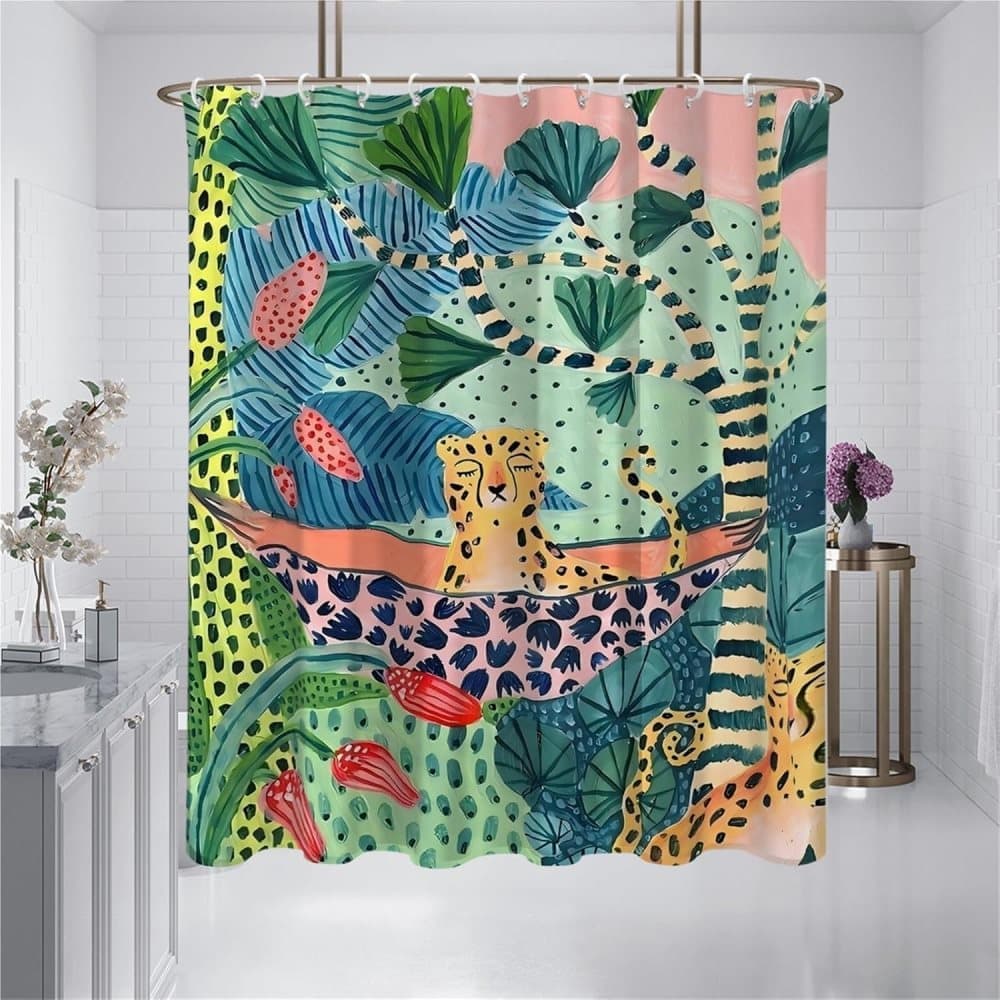 Waterproof Jungle Leopard Shower Curtain with 12 Hooks, Bohemian Bathroom Decor, 150x180cm — image 2
