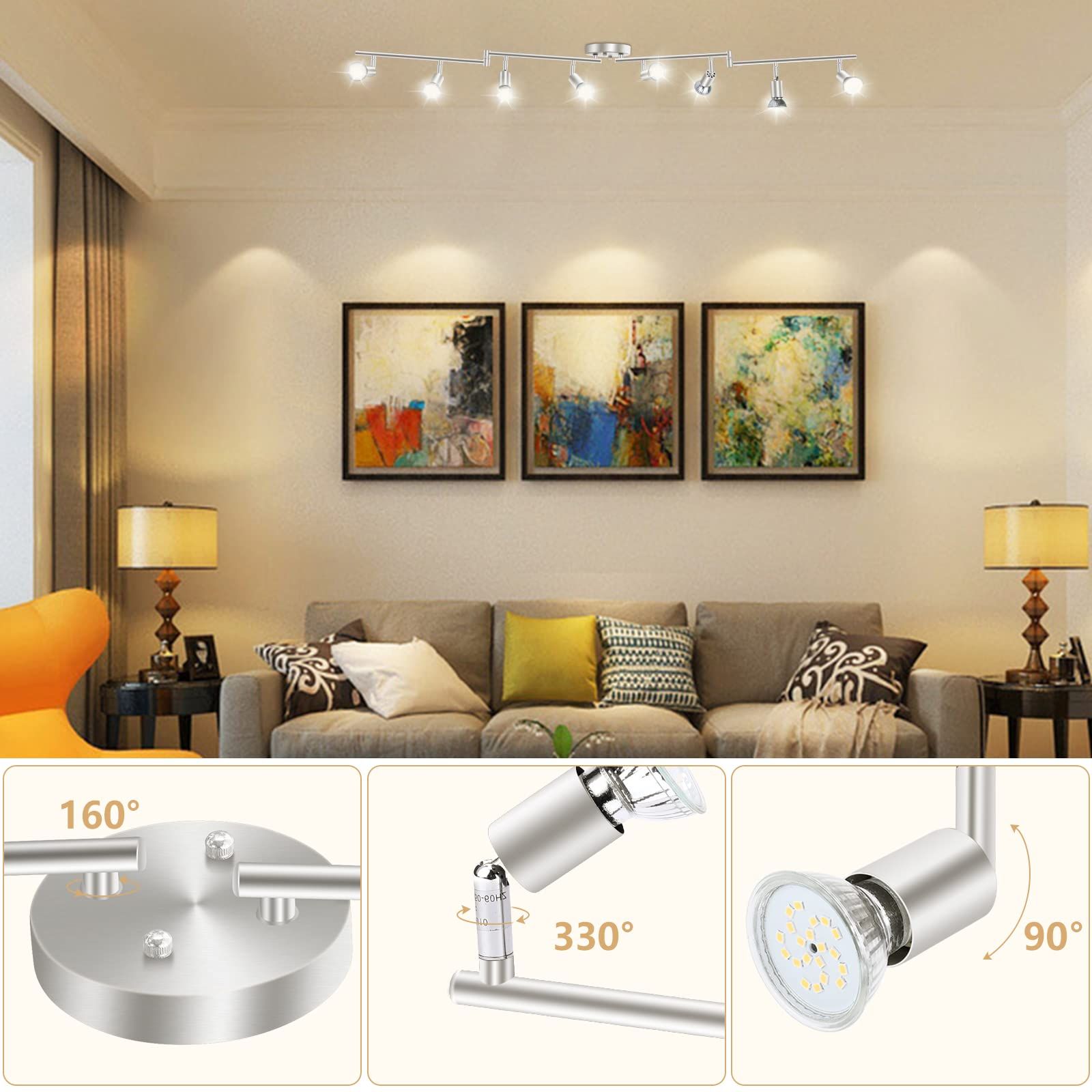 8 Lights LED Track Lighting Kit, Foldable Ceiling Spot Lighting with Flexibly Rotatable Head, Track Light for Kitchen Hallway Room Closet, GU10 Bulbs Not — image 2