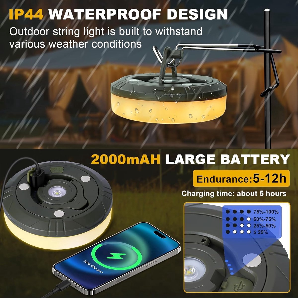 Camping Light String 10 Meters - Ambience Strip - IPX4 Waterproof - Retractable - Rechargeable - Warm White | Outdoor Lighting Garland - Camp Lamp - Camping — image 2