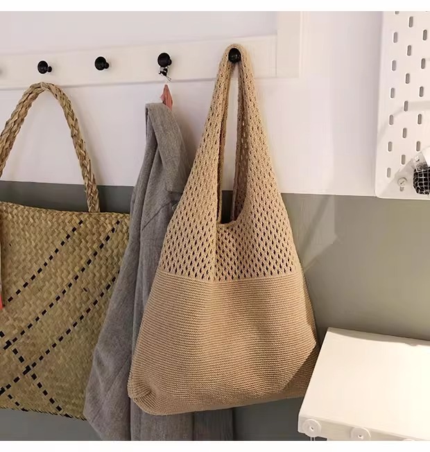Beige splicing Bohemian Knit Shoulder Bag - Hand-Woven Crochet Tote for Women — image 2