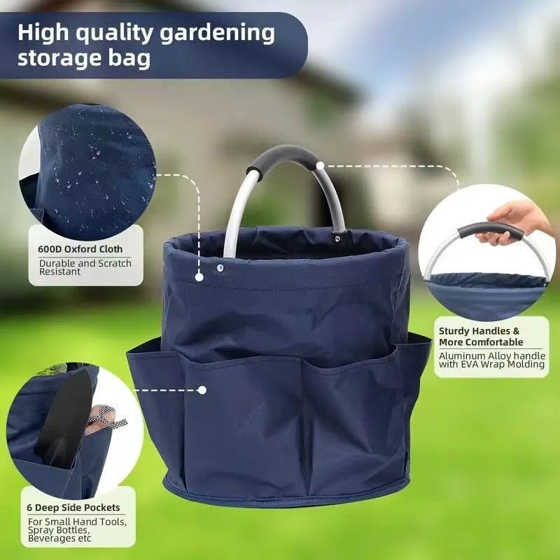 Premium Black Gardening Storage Bag made of durable 600D Oxford cloth, features 6 deep side pockets for small hand tools, spray bottles, beverages, and more โ image 3