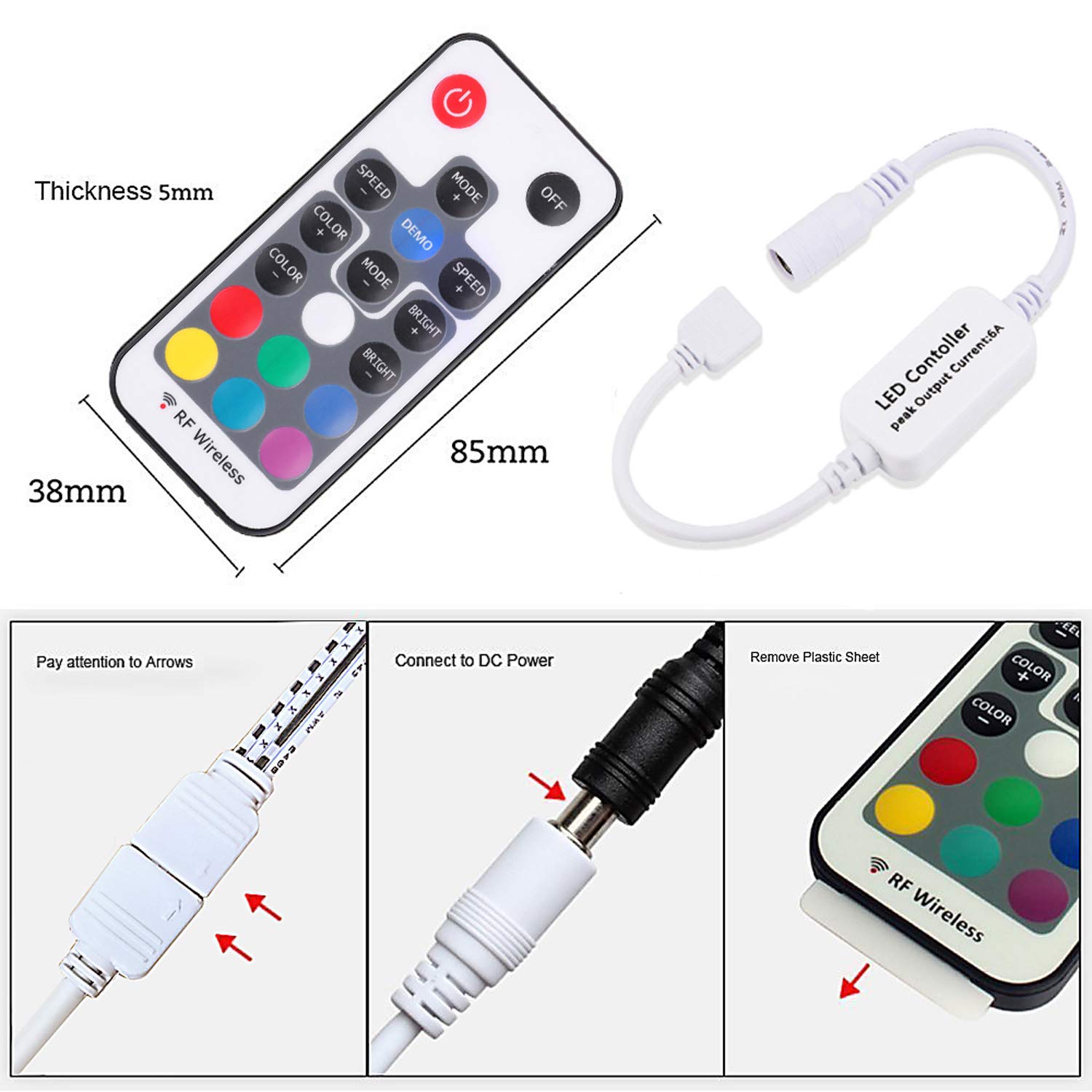 Mini Remote Controller for RGB Color LED Strip Lights, RF Dimmer for 12V DC LED Ribbon, LED Neon Sign, Wireless Remote Control for Dimmable 3528 5050 Under — image 3