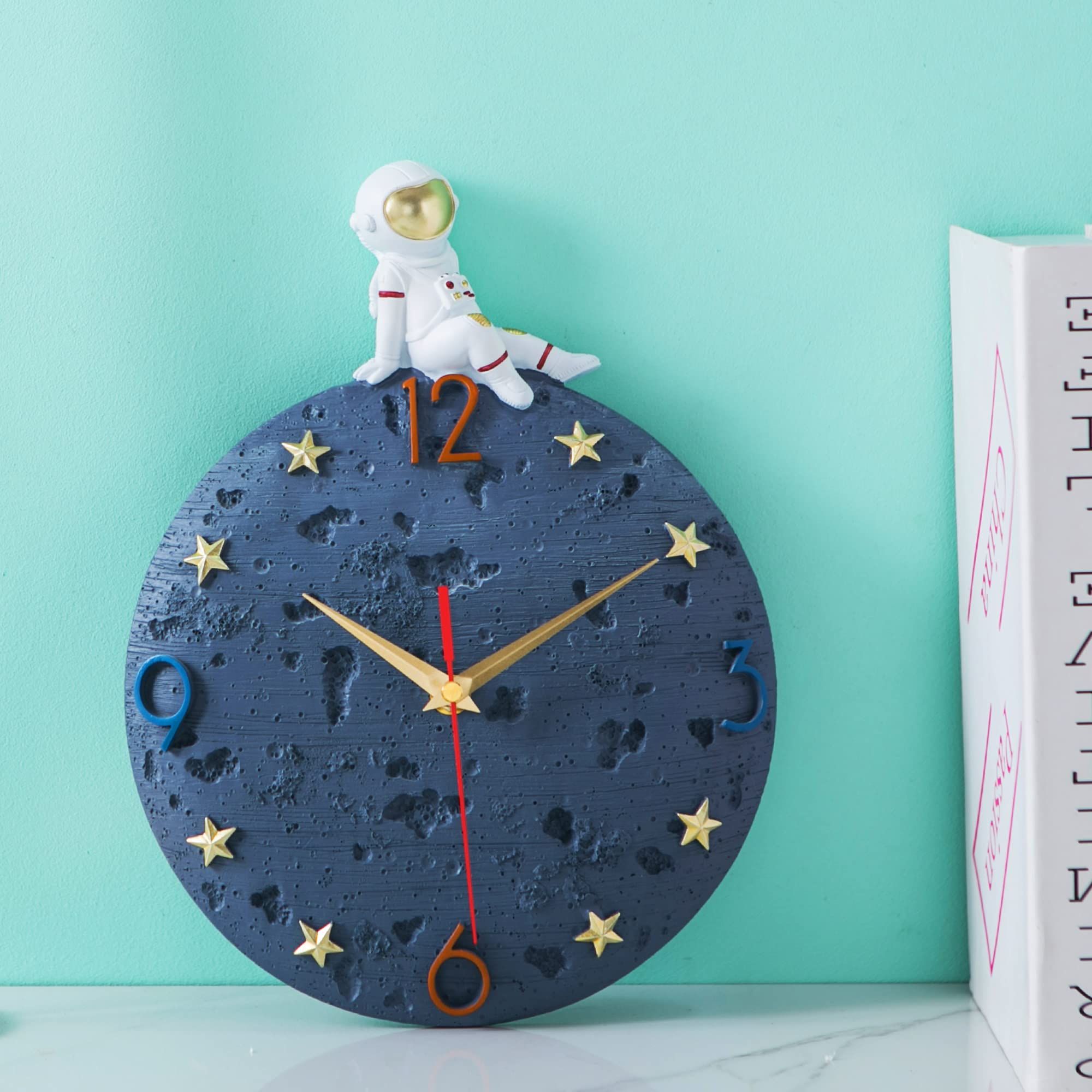 Space Theme Wall Clock, Astronaut Moon Wall Clock, 12 Inch Grey Modern Silent Clock for Kids Room Nursery Living Room Bedroom — image 3