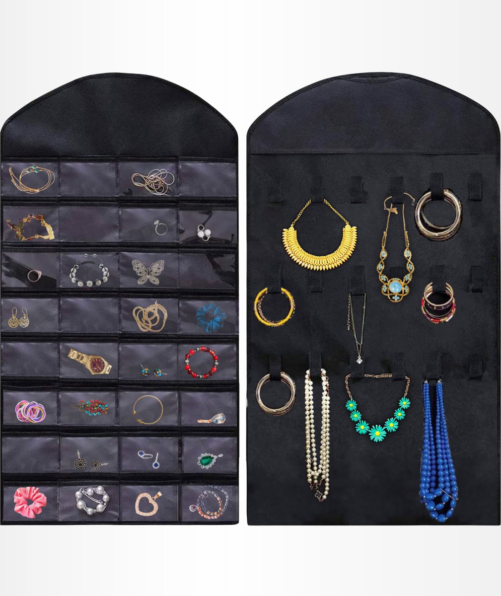 Aerend - Jewelry organizer - Double-sided hanging and transparent jewelry stand - Storage accessories - Over-the-door storage bag in black - For necklaces