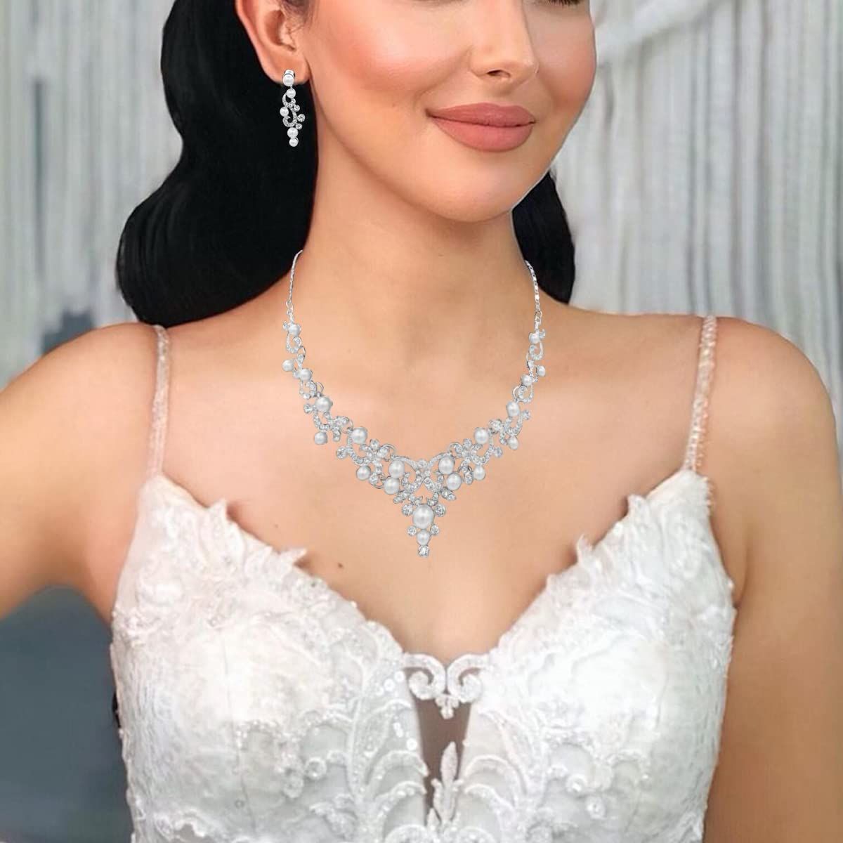 Wedding Bridal Jewelery Set Crystal Simulated Pearl Necklace Dangle Earrings for Women Rhinestone Accessories for Women and Girl โ image 2