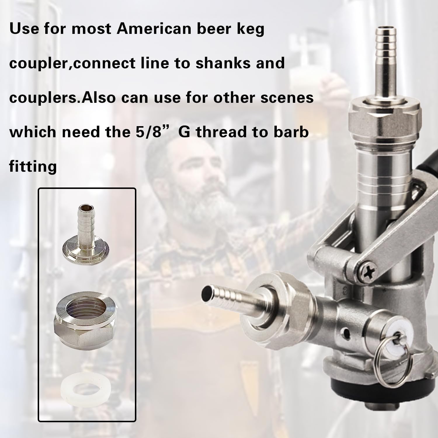 Keg Coupler Barb Connector, 5/16'' Barb x G5/8 Thread Stainless Steel 304 Beer Kegerator Sankey Couplers Hex Nut Beer Line Tailpiece Nipple Fitting with — image 5