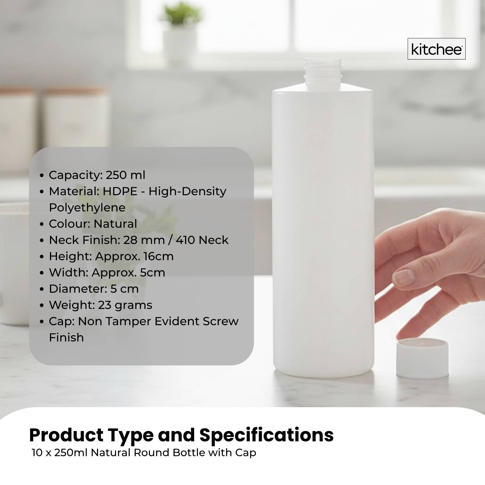 Kitchee 10x 250ml Natural HDPE Round Bottle + 28/410 Caps - Empty Plastic Food Storage — image 4