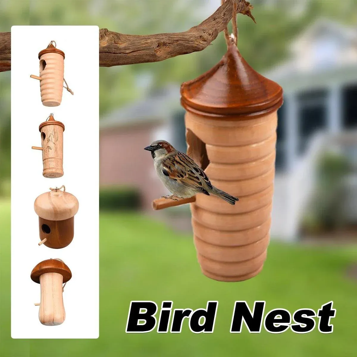 Wooden Bird Nest Cage Hummingbird Feeder House Hanging Home Garden Decorations - 2 β image 2