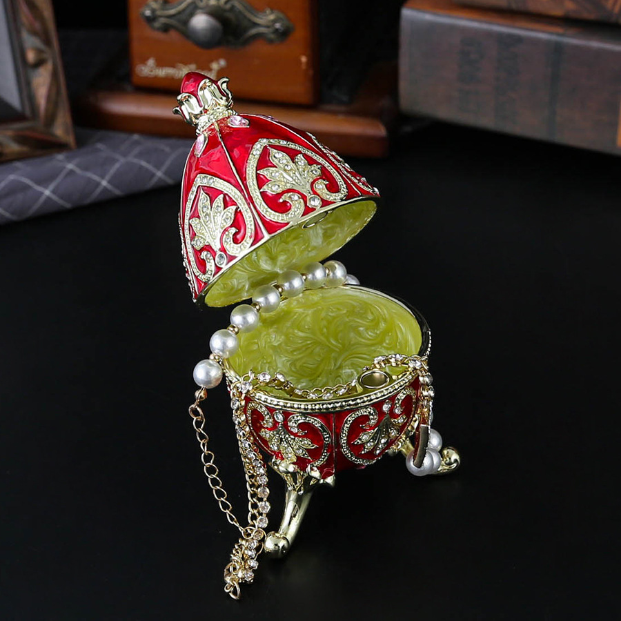 Red Vintage European Rhinestone Inlaid Embossed Enameled Jewelry Box - Hand-Painted Easter Egg Metal Craft — image 2