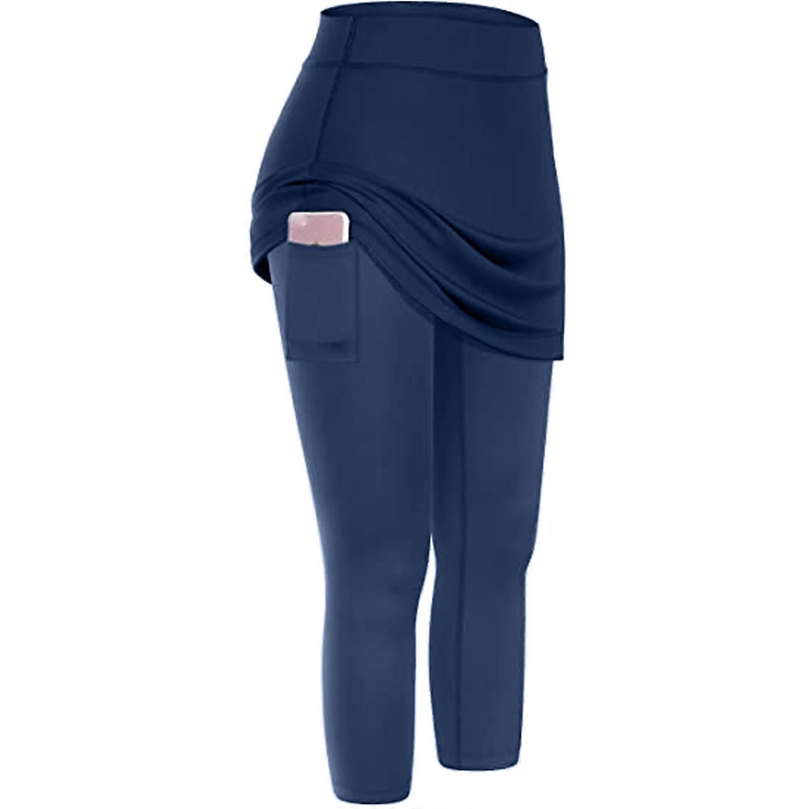Women's High Stretch Yoga Pants Side Pocket Sports Running Fitness Casual Workout Pants - Navy Blue L