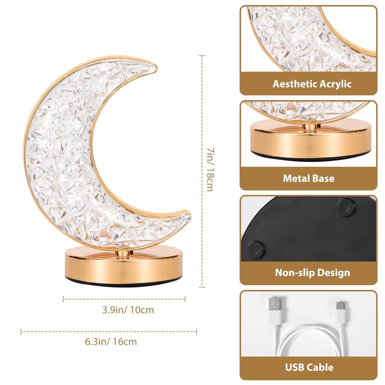 Crescent Moon Table Lamp, Stepless Dimmable Touch Lamp with 3 Colors, Rechargeable Night Light with USB Port — image 3