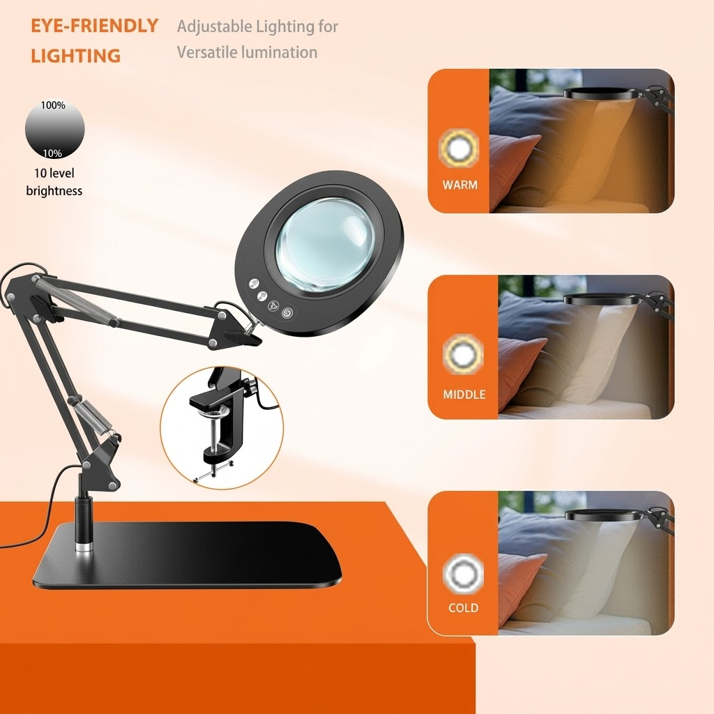 Professional 10X Magnifying Desk Lamp with Adjustable Swing Arm, 5 Color Modes & 10 Brightness Levels LED Light, Precision Repairs, Crafts — image 4