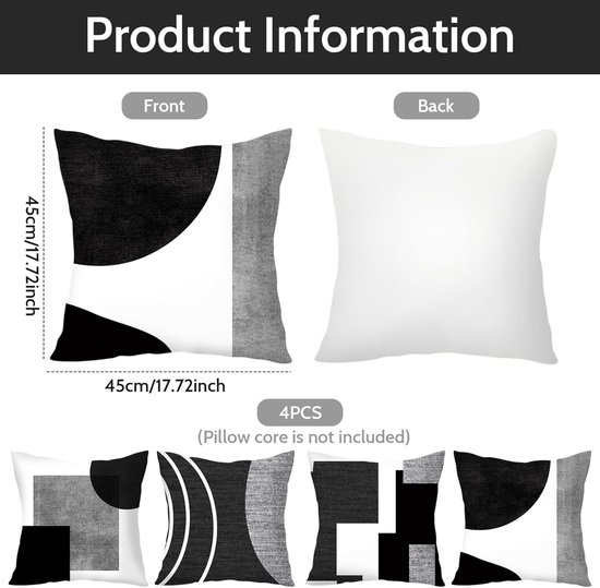 Pillowcase - 4-pack - Pillowcases with abstract geometric pattern - 45x45 cm - Pillowcases with zipper - Black and white pillowcases (pillow insert not โ image 5