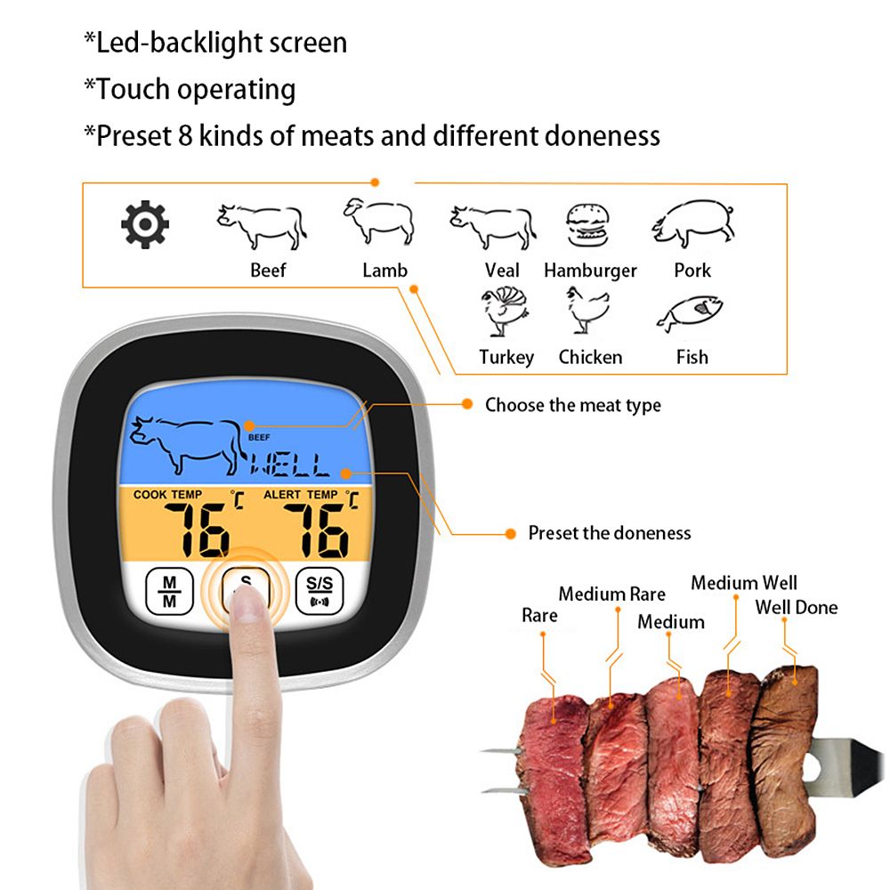 BBQ Thermometer 2 Alarm Mode Touch Screen Backlight Function Meat Thermometer for Outdoor Camping Picnic — image 5