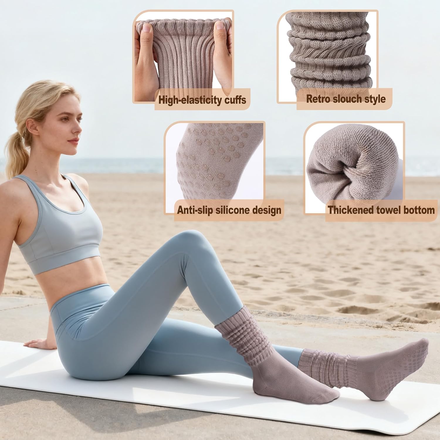 Pilates Socks with Grips for Women Long Slouch Non-Slip Yoga Barre Chioned Workout Scrunch Socks 3 Pairs — image 4