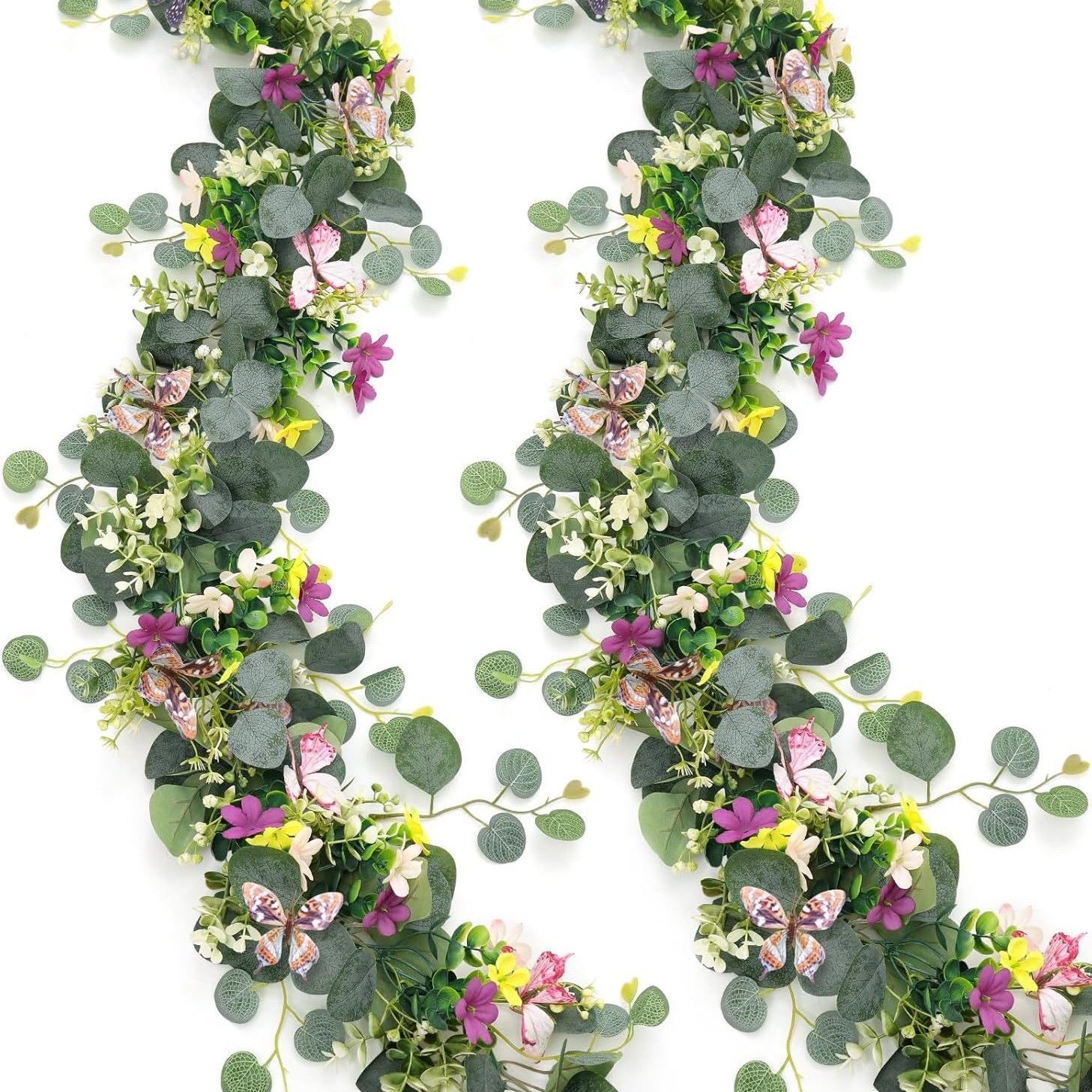 2 Pack Artificial Eucalyptus Garland with 3D Butterflies, Mixed Purple Yellow White Wildflower Fake Greenery Vine, 1.8m Bendable Floral Table Runner, Spring