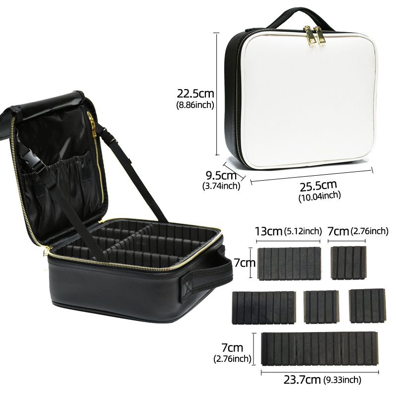 Cosmetic Storage Bag PU Leather Large Capacity Waterproof Adjustable Partition Makeup Case for Travel Black White โ image 2