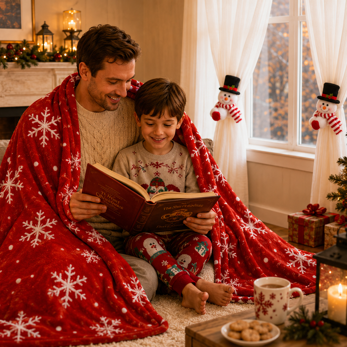 Christmas Flannel Throw Blanket and Snowman Curtain Tieback Set, 150 × 130cm Thick Fleece Sofa Blanket with 2 Plush Snowman Velcro Curtain Holders for Holiday — image 2