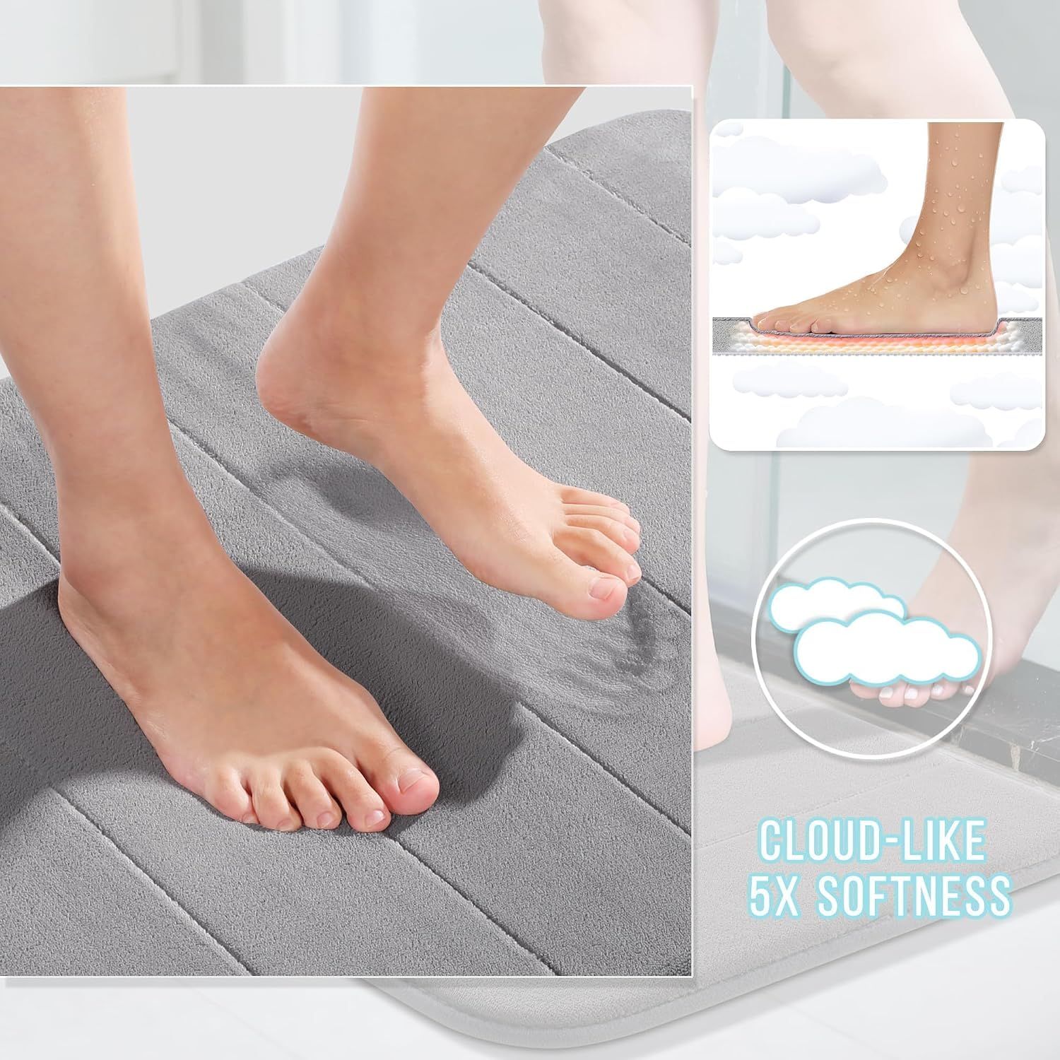 3 Pack Coral fleece Bath Mat Set - Super Soft Absorbent Quick Dry Bathroom Rug Sets, Machine Washable Non-Slip Floor Carpet for Tub Shower, Grey — image 3