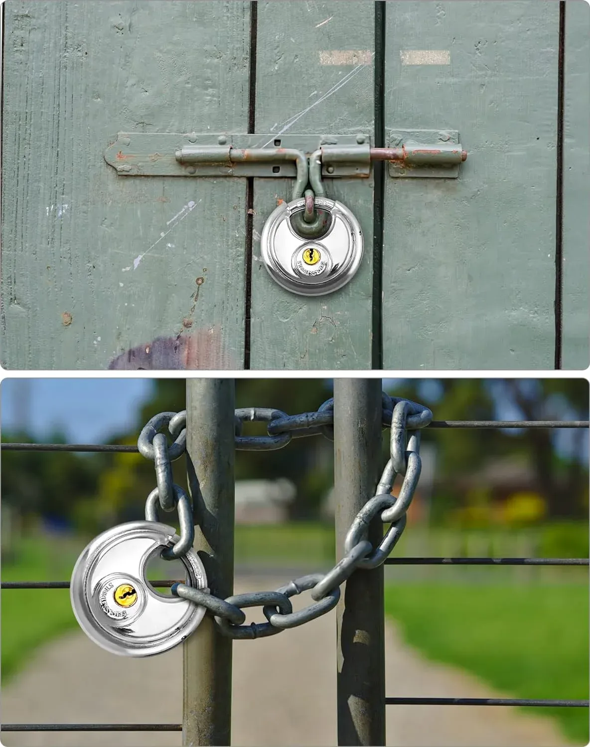 Keyed Alike Disc Padlock 4 Pack, Stainless Steel Discus Lock with 3/8 Inch Shackle for Garages, Fences, Sheds, Storage Units, 2-3/4 In โ image 5