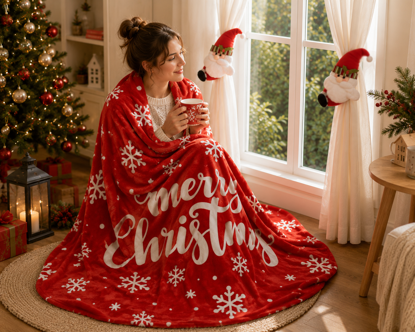 Christmas Flannel Throw Blanket and Santa Curtain Tieback Set, 150 × 200cm Thick Fleece Sofa Blanket with 2 Plush Santa Velcro Curtain Holders for Holiday Home