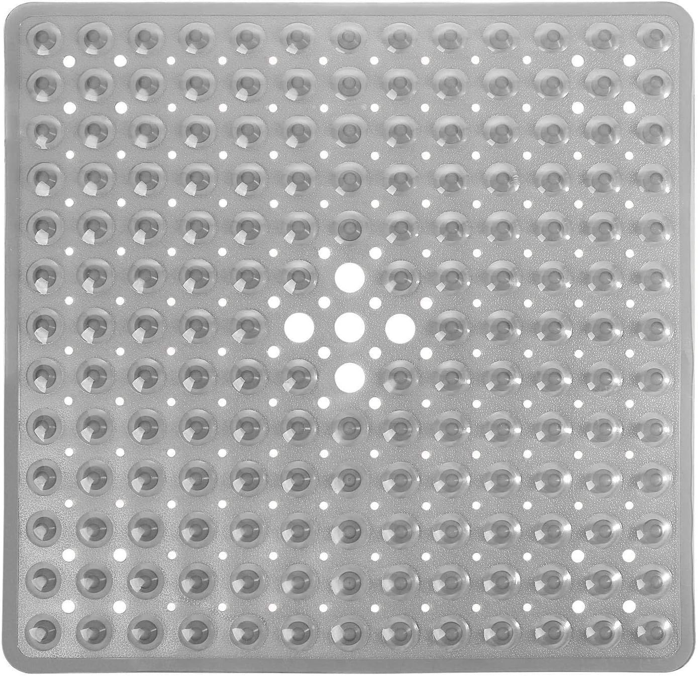 Square Non-Slip Shower Mat with Suction Cups and Drain Holes, Soft Machine-Washable Bathtub Mat for Shower Stalls, Clear Grey, 53.3 × 53 cm
