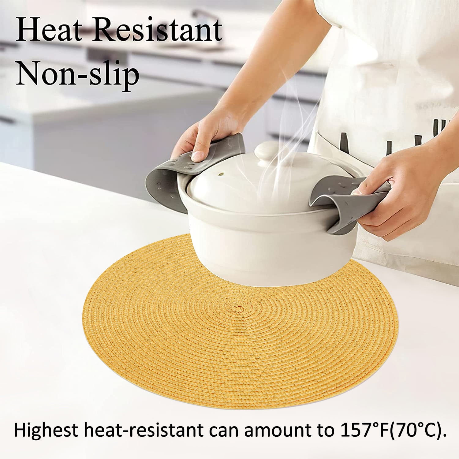 Braided Placemats for Dining Table Set of 6 - Round 15 inch Woven Heat Resistant Non-Slip Kitchen Table Mats, Red Yellow — image 6