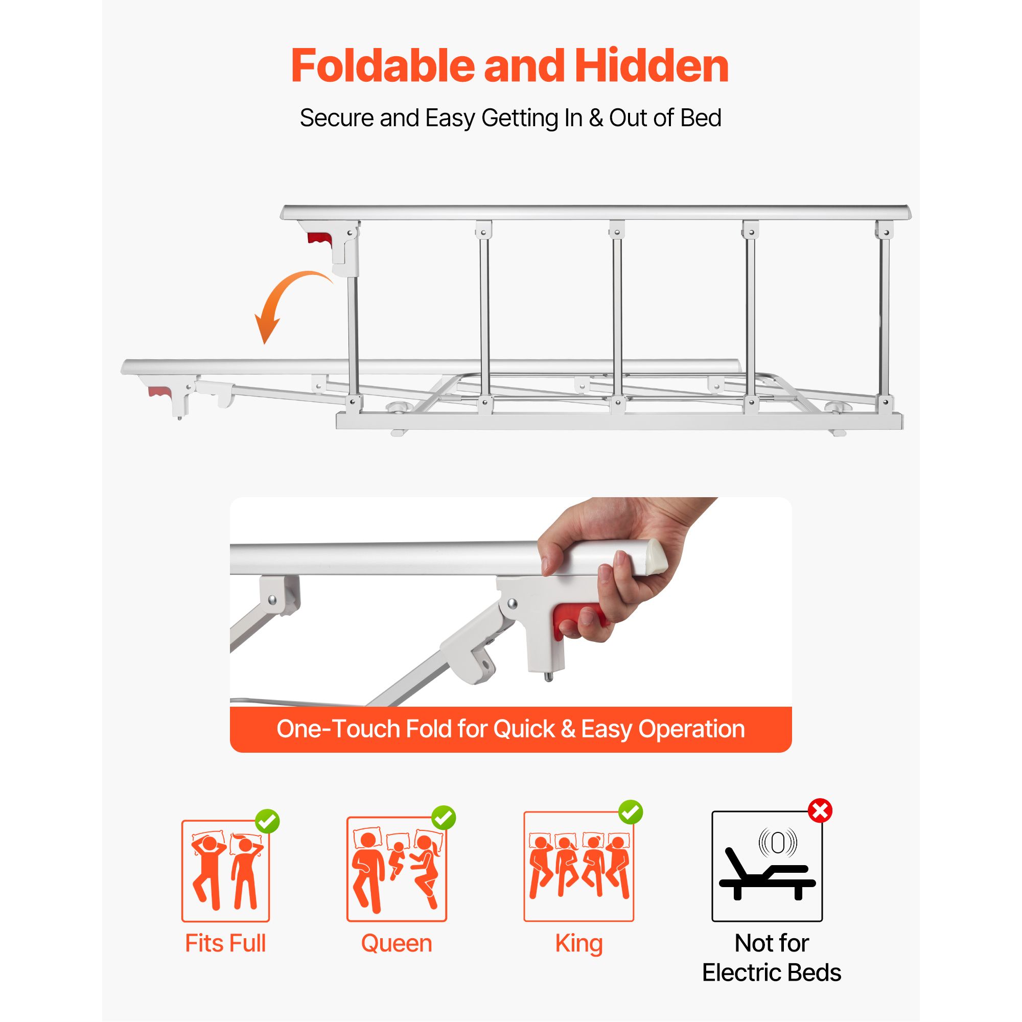 Foldable Bed Rail for Elderly, 122 cm Bedside Assist Rail with Fixing Strap, Adjustable Height Pipe Bedside Cane, High-Strength Metal Senior Bed Bar, Hand — image 2