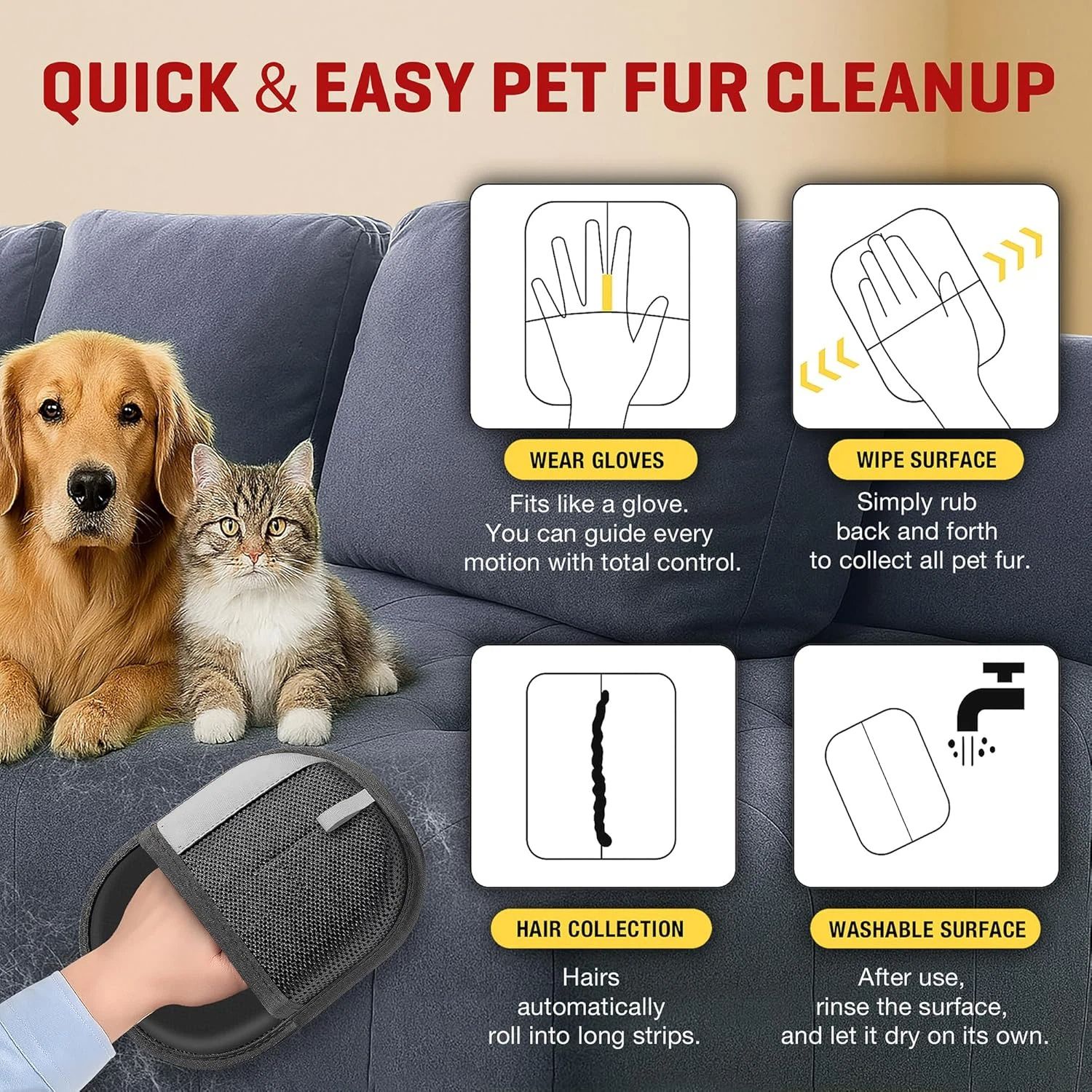 Pet Hair Remover Gloves for Cats & Dogs, Electrostatic Pet Hair Removal Gloves Brush for Pets Hair, Upgraded Animal Fur Removal Tool, Reusable Cats & Dogs — image 2